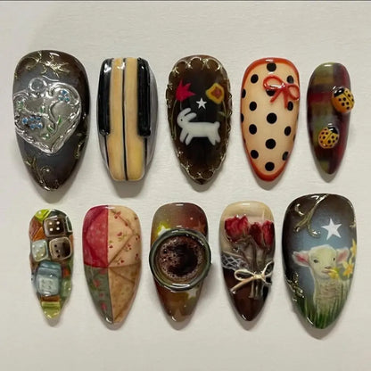 24pcs Vintage Country Style False Nails Cute Cartoon Little Lamb Rabbit Rose Printed Press On Nails Wave Point Bows Fake Nail