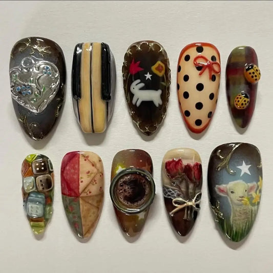 24pcs Vintage Country Style False Nails Cute Cartoon Little Lamb Rabbit Rose Printed Press On Nails Wave Point Bows Fake Nail