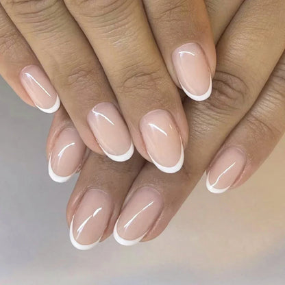 24Pcs White Almond False Nails Ballet with French Design Wearable Fake Nails Gradient Simple Full Cover Press on Nail Tips Art