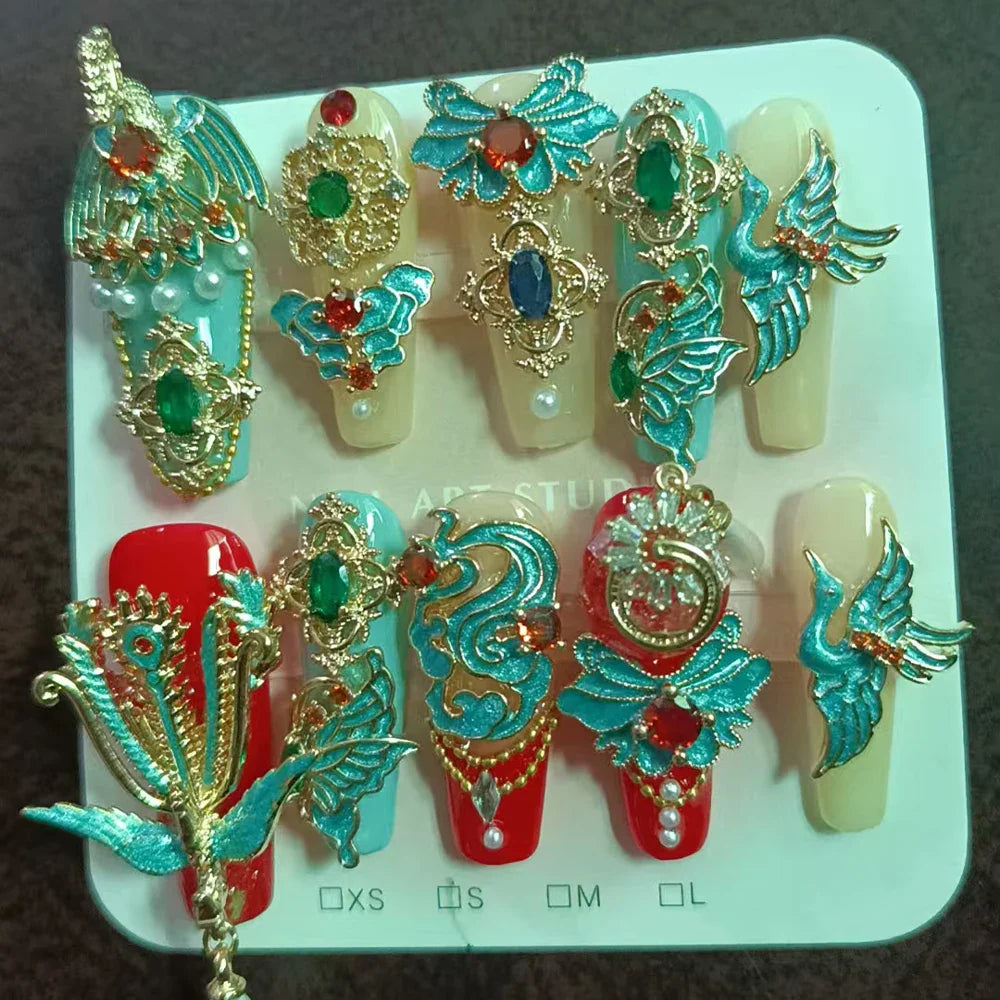10Pcs High Quality Handmade Press on Nails Qingwu Yuanshan Green Spring/Summer Explosive Luxury Heavy Industry Niche Style Hot