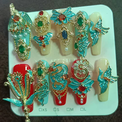 10Pcs High Quality Handmade Press on Nails Qingwu Yuanshan Green Spring/Summer Explosive Luxury Heavy Industry Niche Style Hot