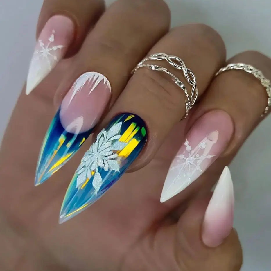 Medium long fake nails for Christmas party Cute snowman Santa Claus gift snowflake square almond tips Press on false nail art