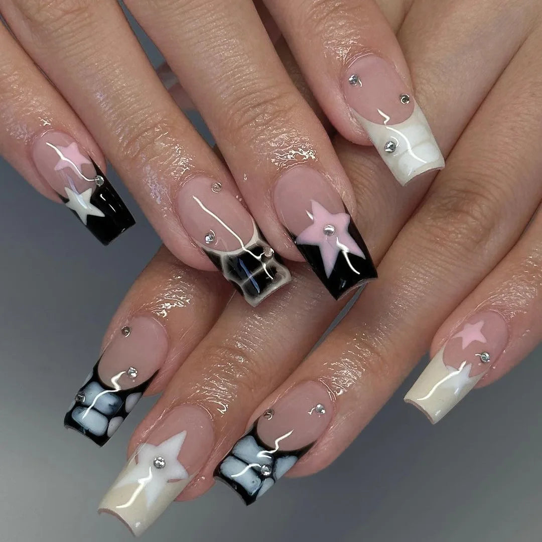 y2k Red Star False Nails Patches White French Press on Nail with Crocodile Women Girl Wearable Acrylic Nail Tips Manicure Gifts