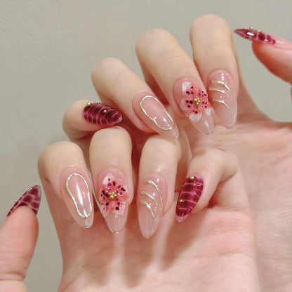 Handmade Press On Nails Almond False Nails 3D Flower Decor Fashion Glitter Nail Art Wearable French Leopard French Fake Nails