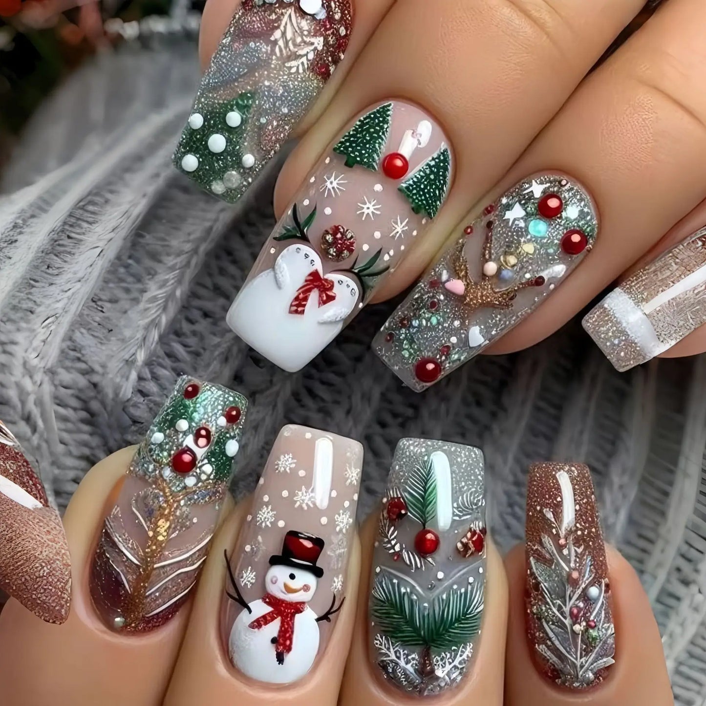 Short Medium fake nails for Christmas party Santa claus deers snowman snowflakes almond Square tips press on false nail art set