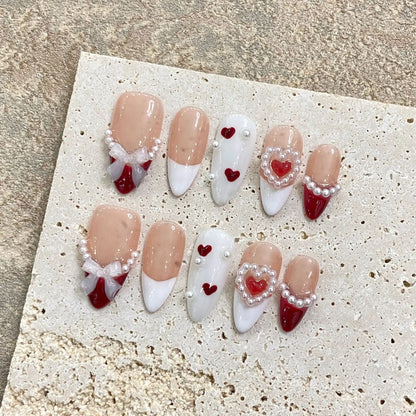 10pcs White Flowers Decor Fake Nails French Pearl Almond Fake Nail Patch Wearable Full Cover Handmade Bride Press on Nail Tips