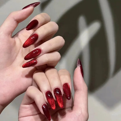 24pcs Glossy Red Cat's Eye Press On Nails Full Cover Nude Color Wearable Almond False Nails Charms Detachable Fake Nail For Girl