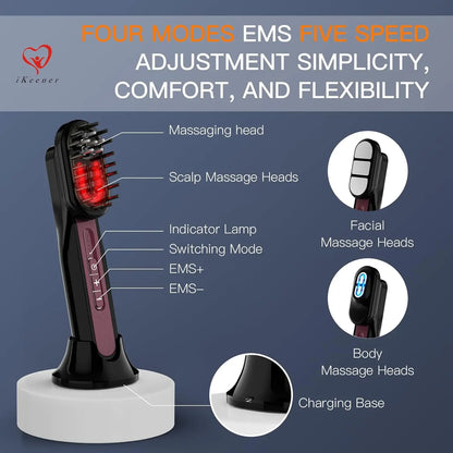 Portable Hair Growth Comb TENS Red and Blue Light Head Massage 3-in-1 Face and Body Hair Growth Comb Laser Hair Loss Prevention