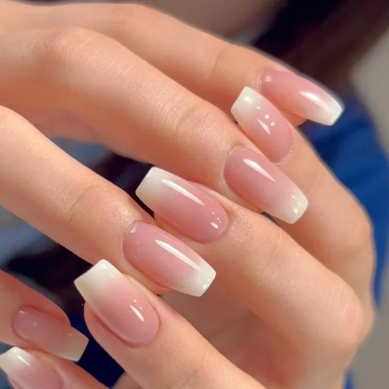 Glossy Press on Nails Set Short Oval Shiny Gradient French Nail Art Design Reusable Full Cover Fake Nails with Glue for Girls