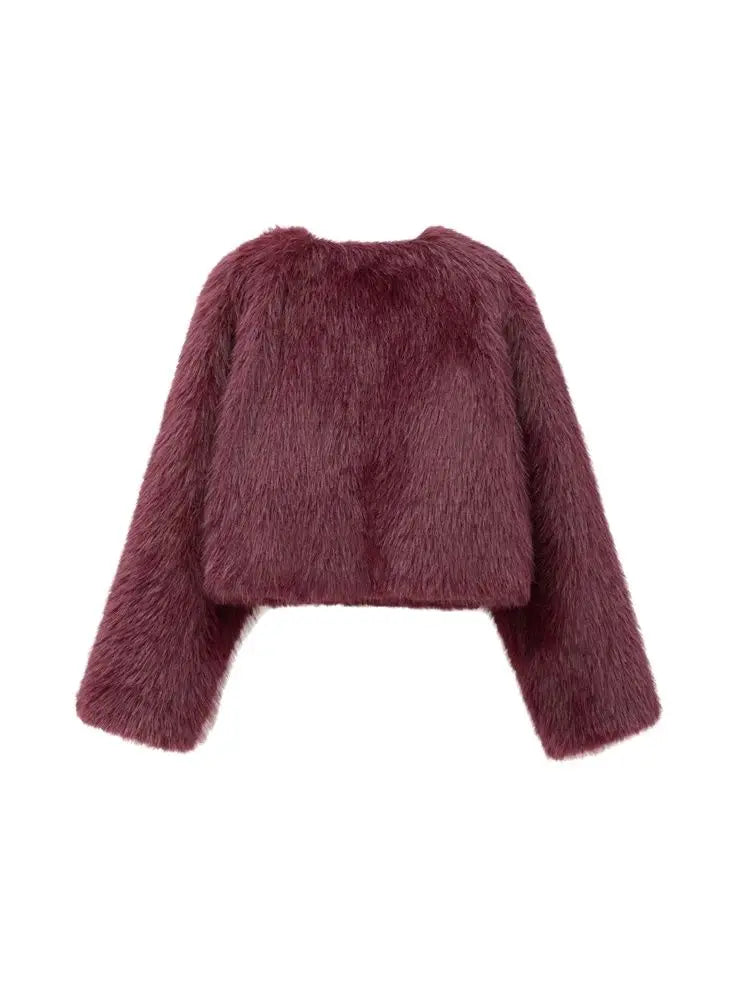 Women's Thick Warm Faux Fur Cropped Jacket, O Neck, Long Sleeve, Female Outerwear, Chic Tops, Fashion