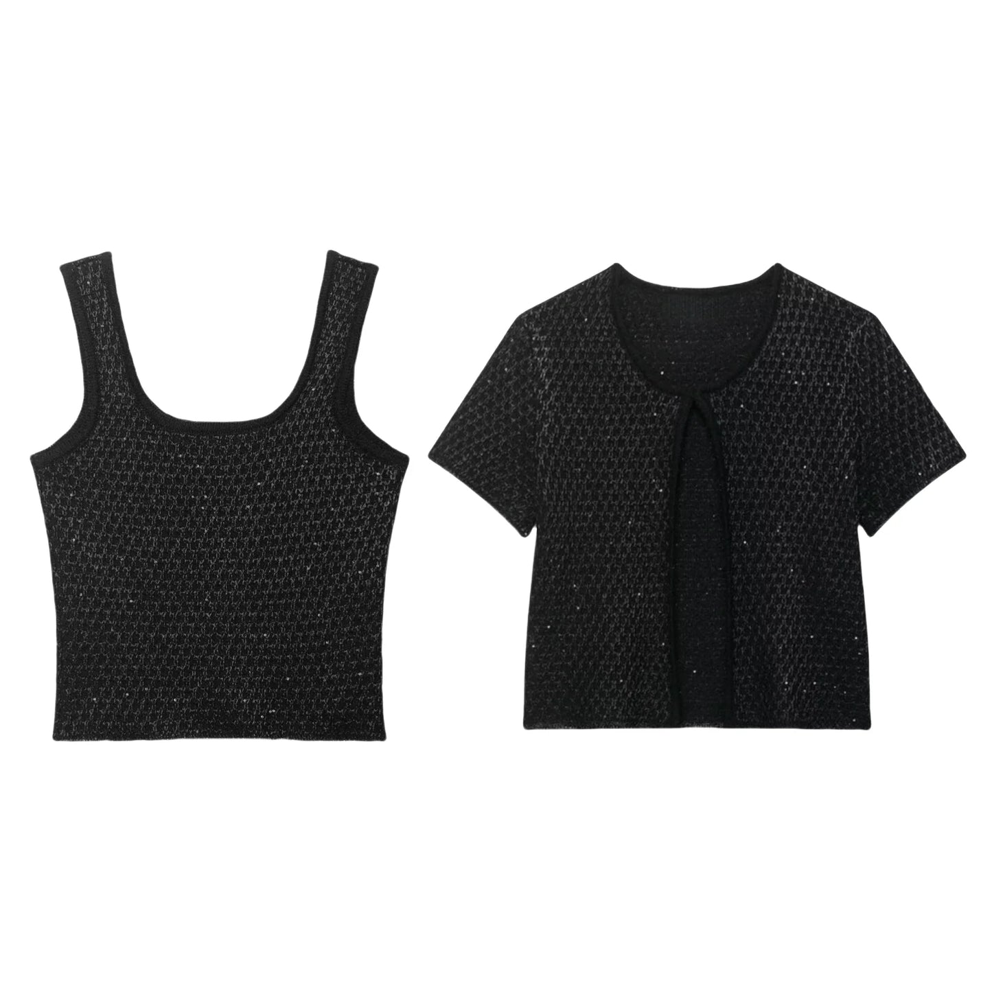 UNIZERA Fashion Temperament Sequin Knitted Jacket + Knitted Camisole Top Women's Clothing 2025 Summer New Products Set