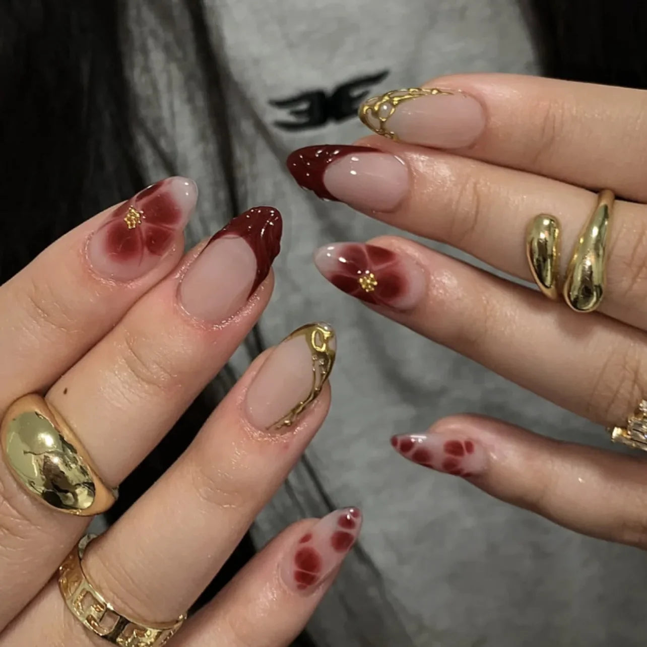 24pcs Smudging Flower Press On Nails Wave Point Designs French Style Almond False Nails Y2k Sweet Cool Fake Nail For Spicy Girls