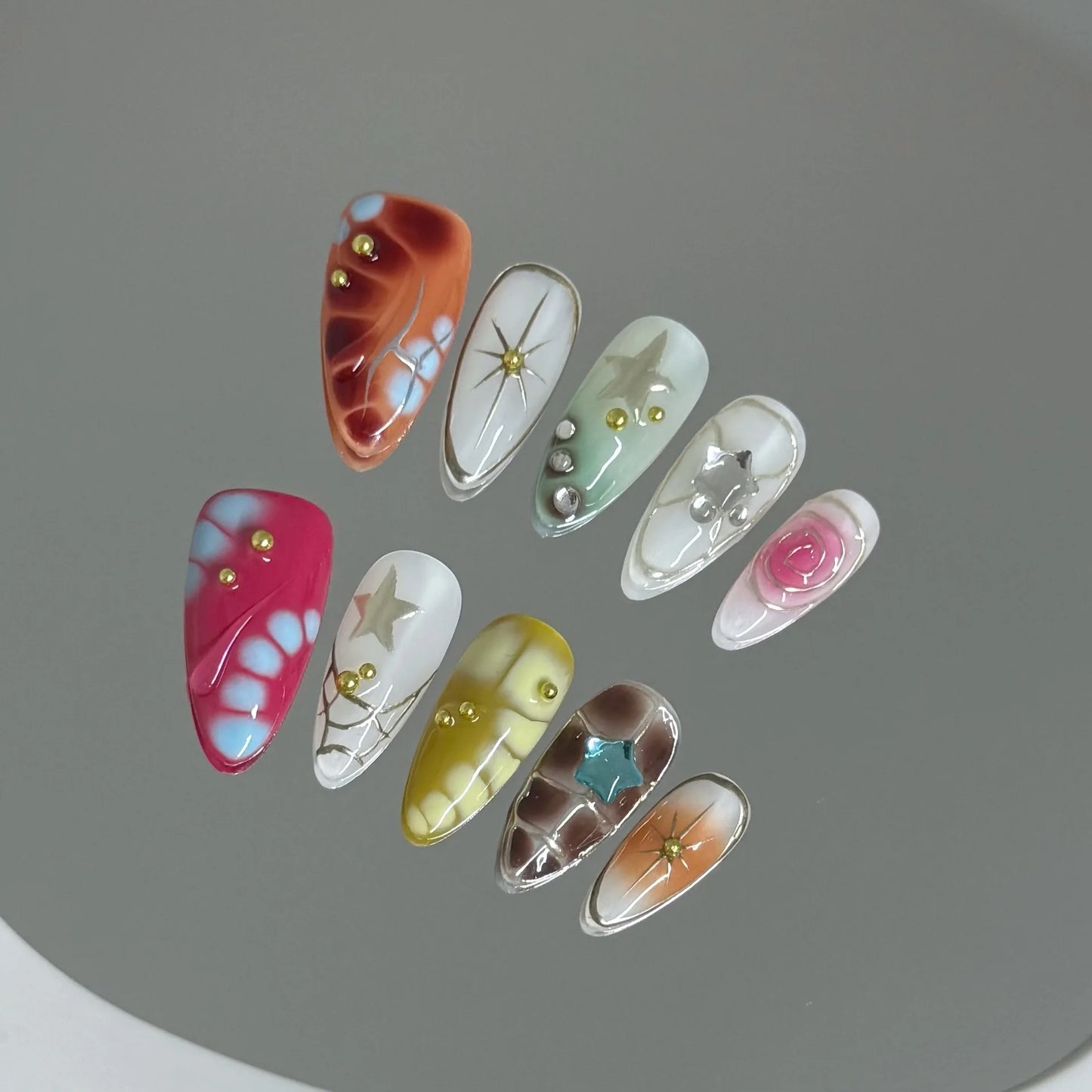 10pcs Handmade y2K Press on Nails Sweet Cool Crocodile pattern Almond Fake Nail Tips Wearable Ins Blush Spice Girls False Nails