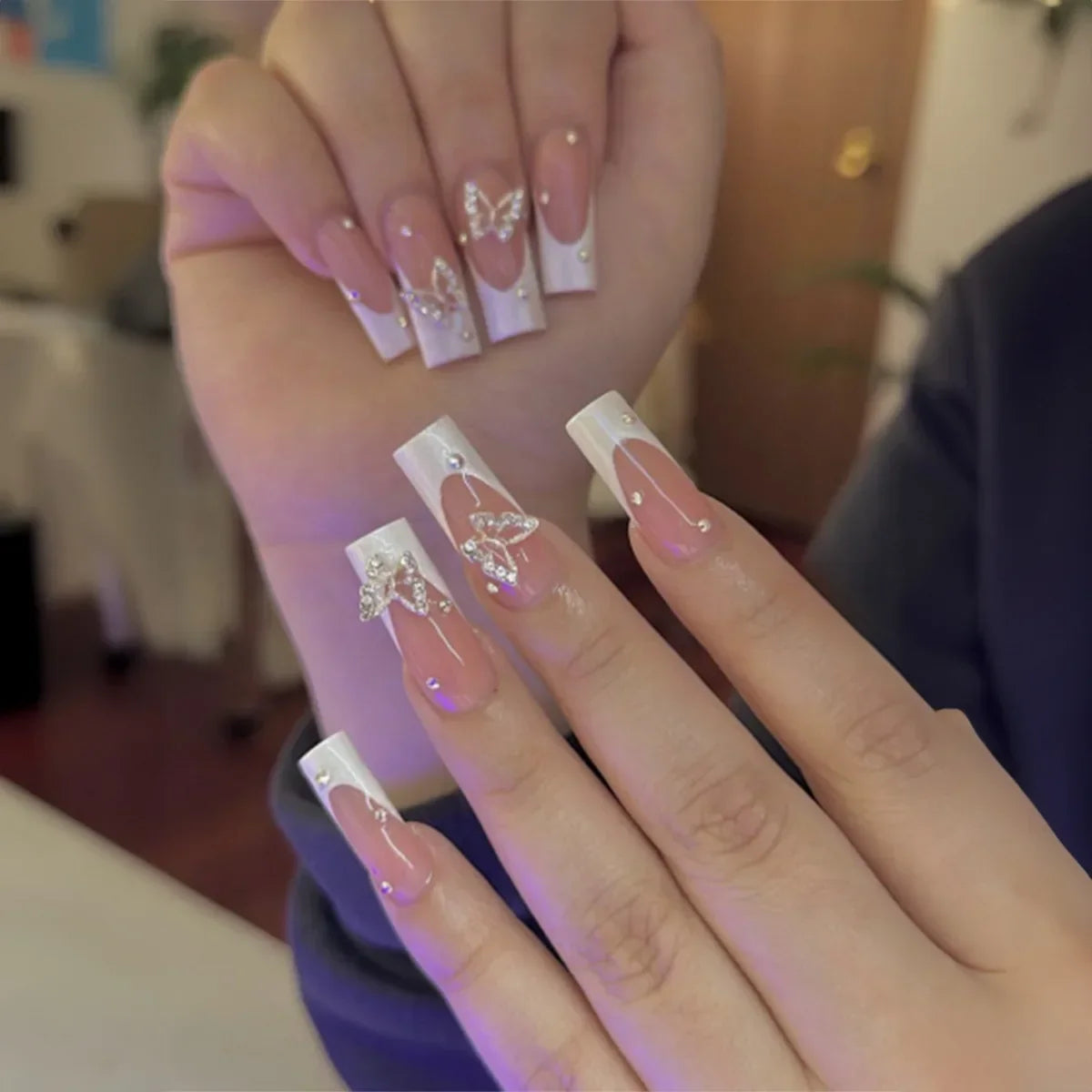 24Pcs Long Square False Nails Simple White French Fake Nails Wearable Ballet Coffin Full Cover Nail Tips Acrylic Press on Nails