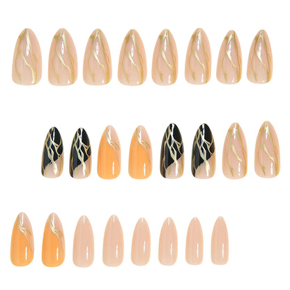 24pcs/set Medium fake nails for women girls almond tips french style strips golden white black yellow press on false nail art
