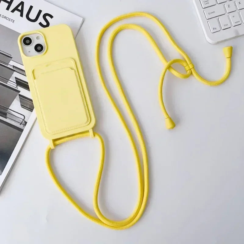 Soft Silicone Crossboby Lanyard Rope Fall Prevention Phone Case for IPhone 16 15 Pro Max 14 Plus 13 12 11 Card Slot Holder Cover