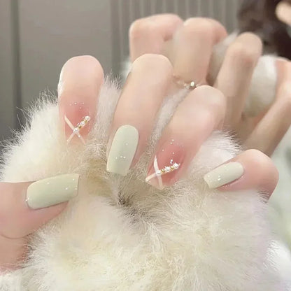 24Pcs Short Ballerina False Nail Tips with Pearl Detachable French Fake Nails Pink Cute Full Cover Press on Nails Manicure Tools
