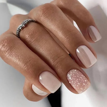 24Pcs Shiny Pearl Wearable False Nails Short Square Fake Nail Simple Summer Press on Nails Detachable Full Cover Nail Tips