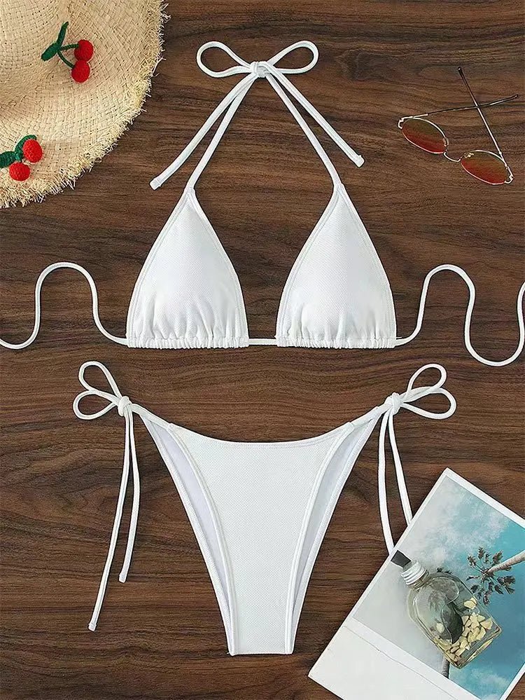 Bikini three-point swimsuit sexy drawstring strap halter bikini solid color lace-up split swimsuit