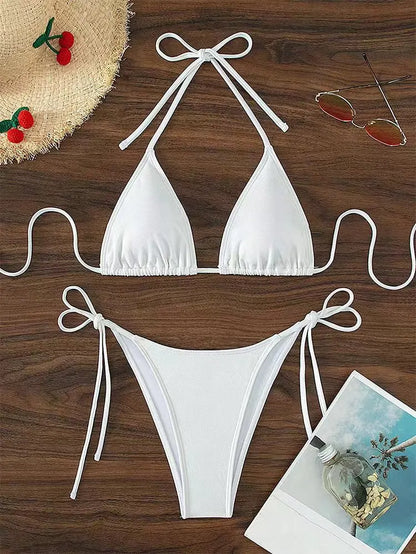 Bikini three-point swimsuit sexy drawstring strap halter bikini solid color lace-up split swimsuit