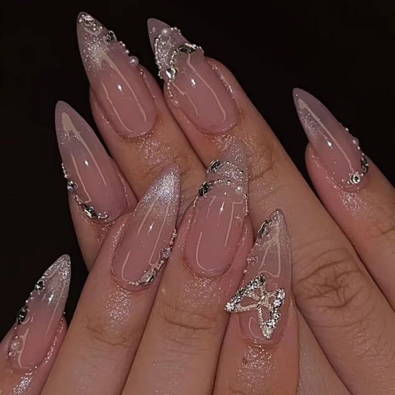 24pcs French Fake Nails Finished Almond Nails Sets with Golden Bow Design False Nail Art Simple Datachable Press on Nails Tips
