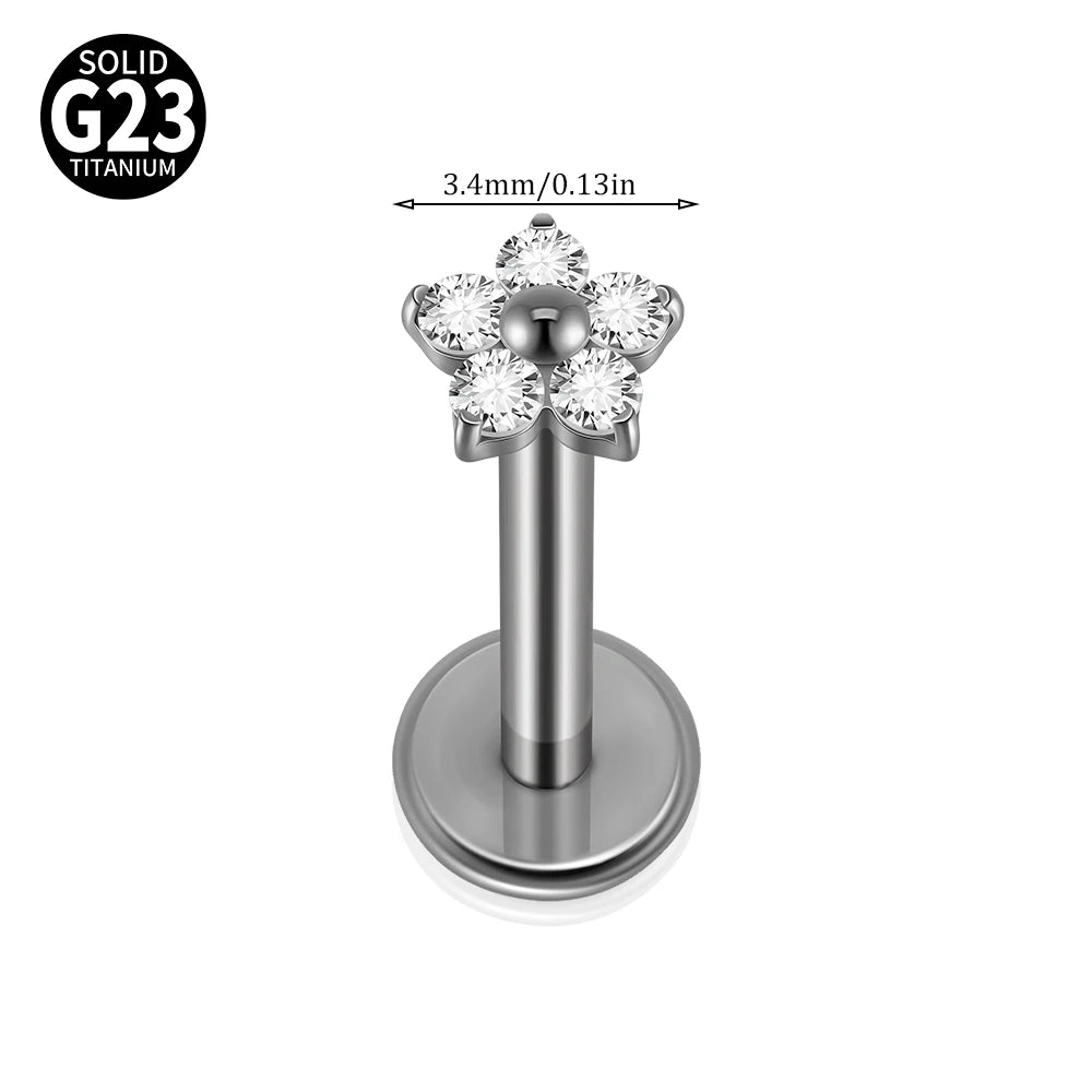 1/5PCS F-136 Implant Titanium Different Size Flower Zirconia Labret 16G Internal Threaded Cartilage Helix Lobe Earring Piercing