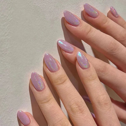 24Pcs Solid Color Grey Almond Fake Nail Cat's Eye Design Wearable Round Head False Nails with Shiny Powder Press on Nails