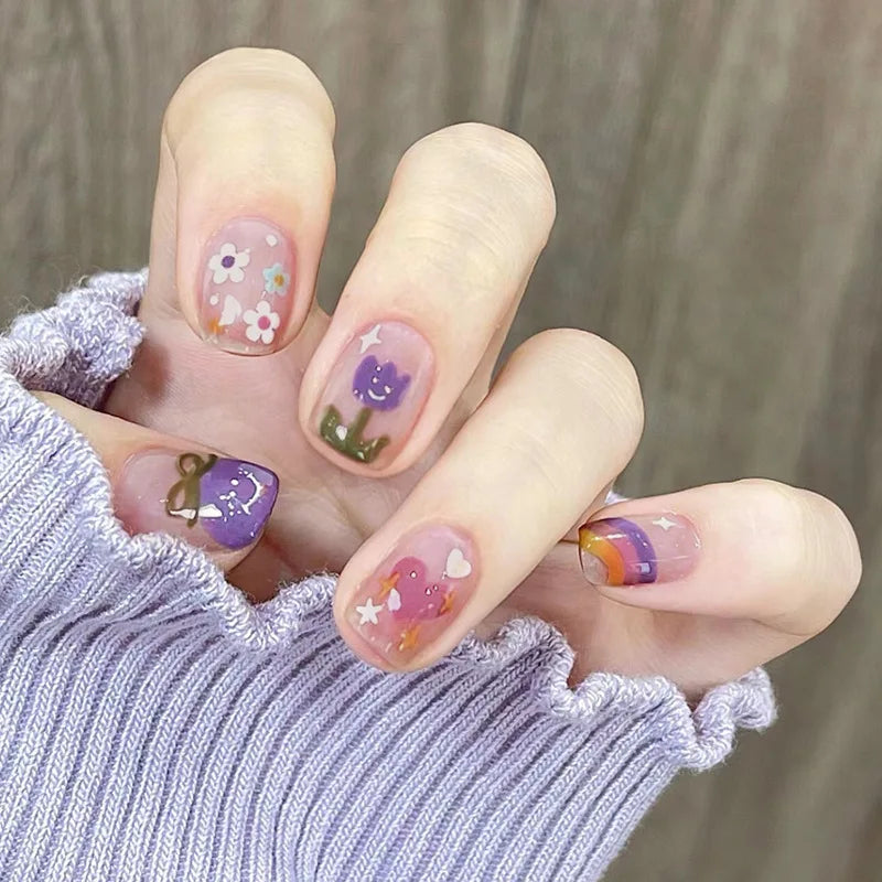 24Pcs Pink Cat Blue Love Cute Short Ballet Press on False Nails Sweet French Cat Eye Bow Star Designs Style Detachable Nails Set