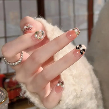 24Pcs Glitter Diamond Press On Nails Sweet Cute Girl Acrylic Nails Full Cover Short Square Fake Nails Wearable Manicure Nail Tip