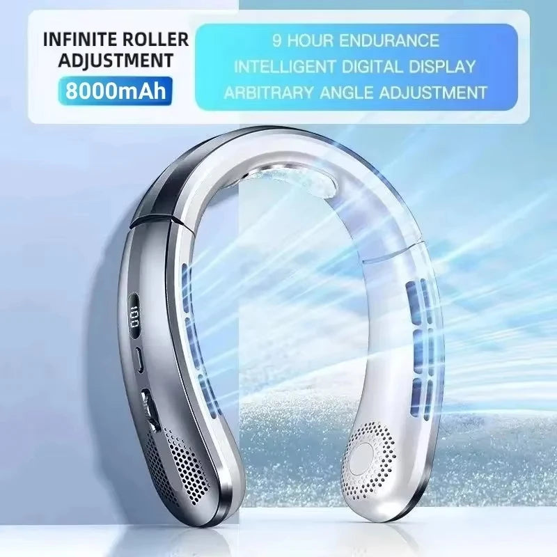 Midea 8000mAh Portable Hanging Neck Fan Bladeless Neckband Fan Digital Display Power Air Cooler USB Rechargeable Electric Fan