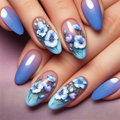 24Pcs Short Round Head Almond Fake Nails with Flowers Grass Pattern Wearable False Nails Tips Summer Full Cover Press on Nails