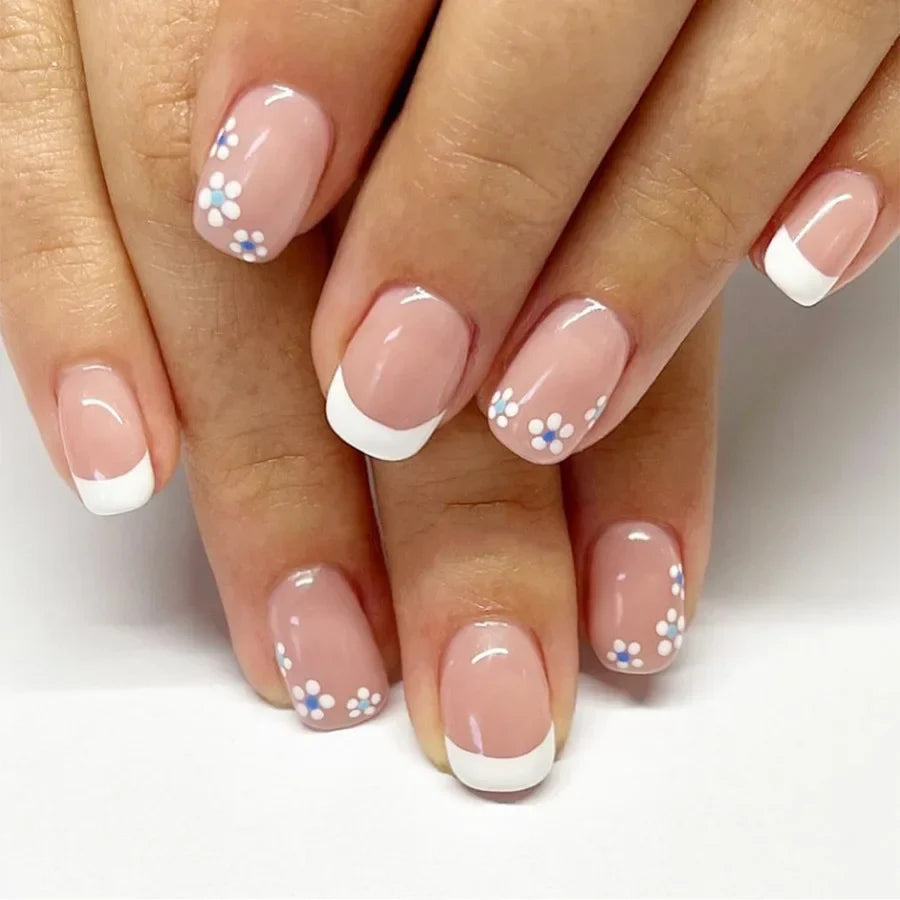 24pcs Short Square Press on Nails Jade Flower Sparkling Powder Designs Fake Nails with Glue Green Gradient Full Cover Nail Tips