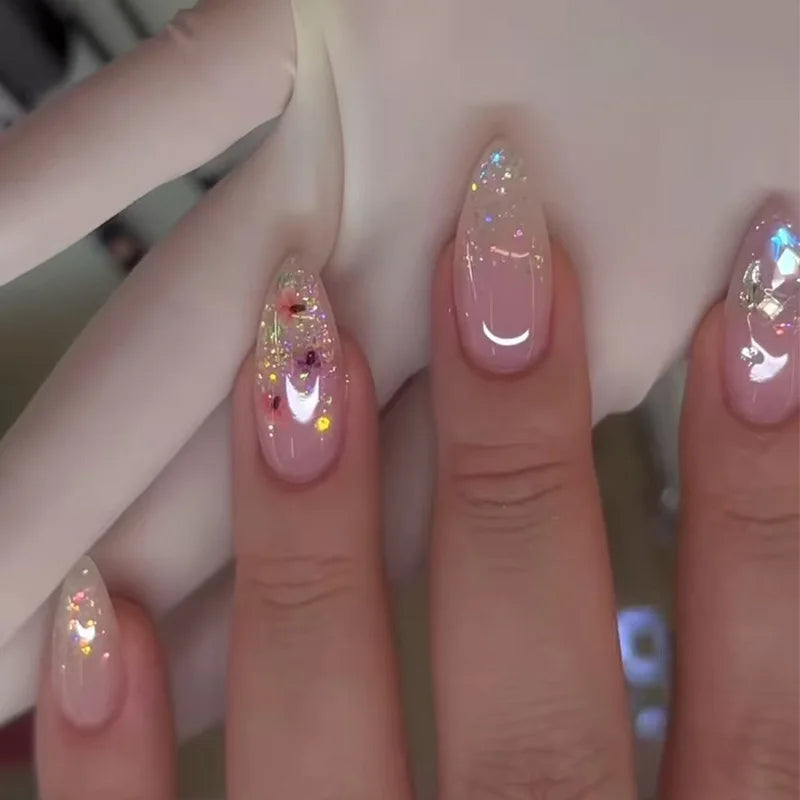 24Pcs Solid Nude Color Fake Nails with Jelly Glue Short Almond Press on False Nails Wearable Oval Finished Full Cover Nail Tips