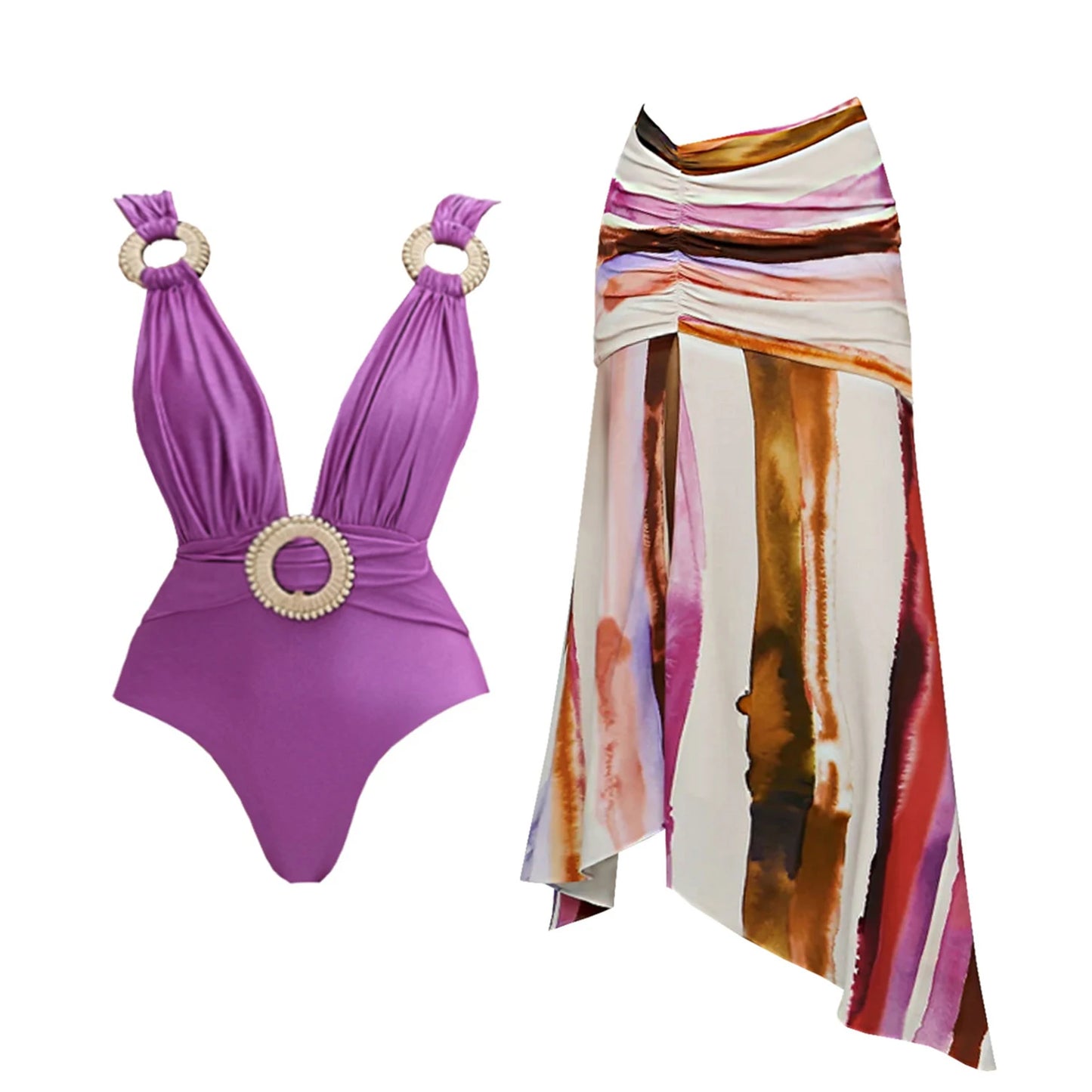 2Pcs Striped Swimsuit With Long Skirt Sexy Women Bikini Push Up Swimwear Halter Biquini Female Bathing Suit Slimming Beachwear