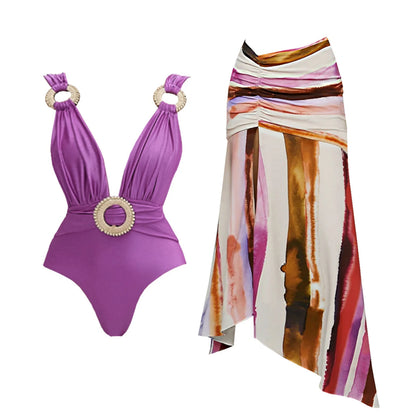 2Pcs Striped Swimsuit With Long Skirt Sexy Women Bikini Push Up Swimwear Halter Biquini Female Bathing Suit Slimming Beachwear