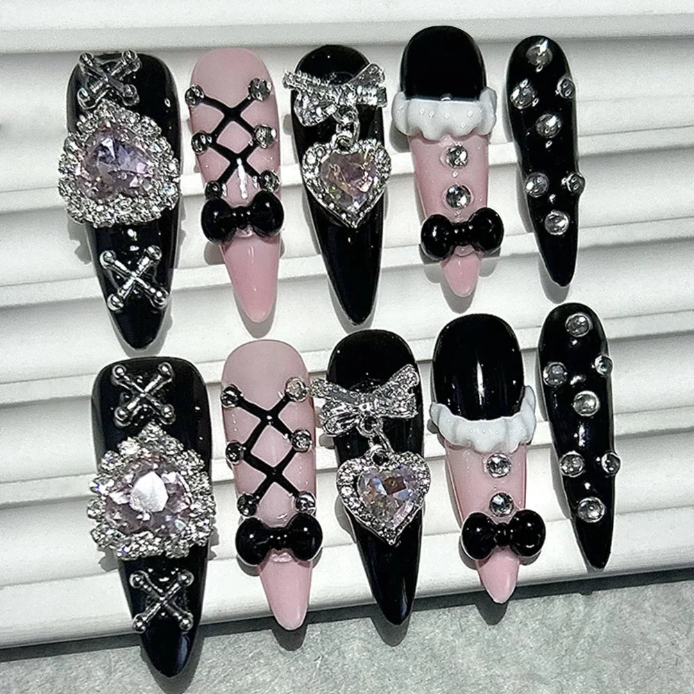 Black Pink Sweet French Almond Handmade Press On Nails Grid Polka Dot Love Skirt Ballet Fake Nails Princess Cute Bow Nail Art