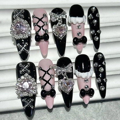 Black Pink Sweet French Almond Handmade Press On Nails Grid Polka Dot Love Skirt Ballet Fake Nails Princess Cute Bow Nail Art