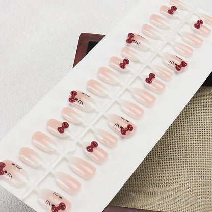 24PCS Cute Red Bowknot Short Oval Press on Nail with Glue Cartoon Cat Glossy French Fake Nails for Girls Wearable Ins Nail Tools