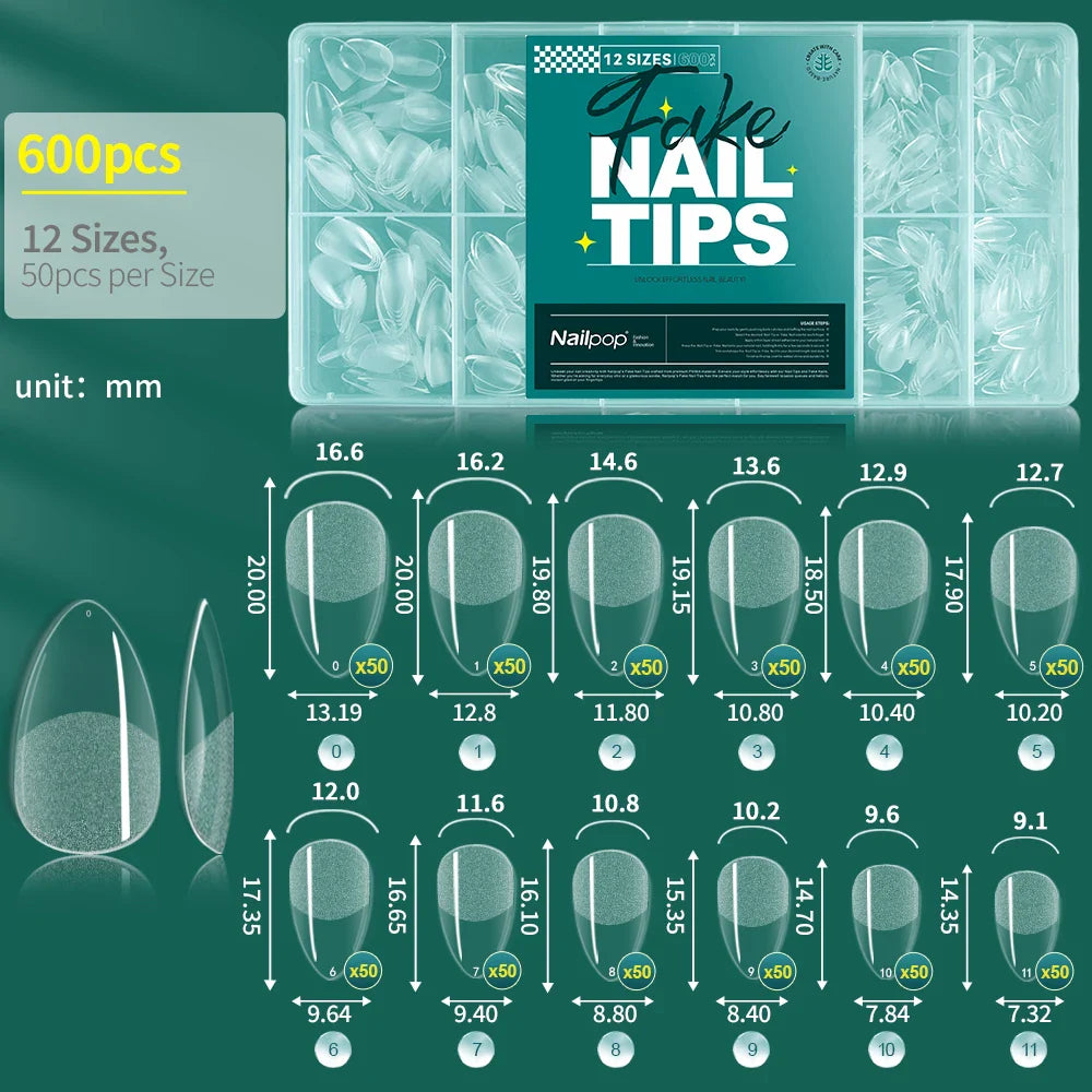 Nailpop 600PCS Soft Gel X Nail Tips Full Cover Coffin Stiletto Fake Nails Extra Short Almond Square Soak Off Gel False Nail Tips