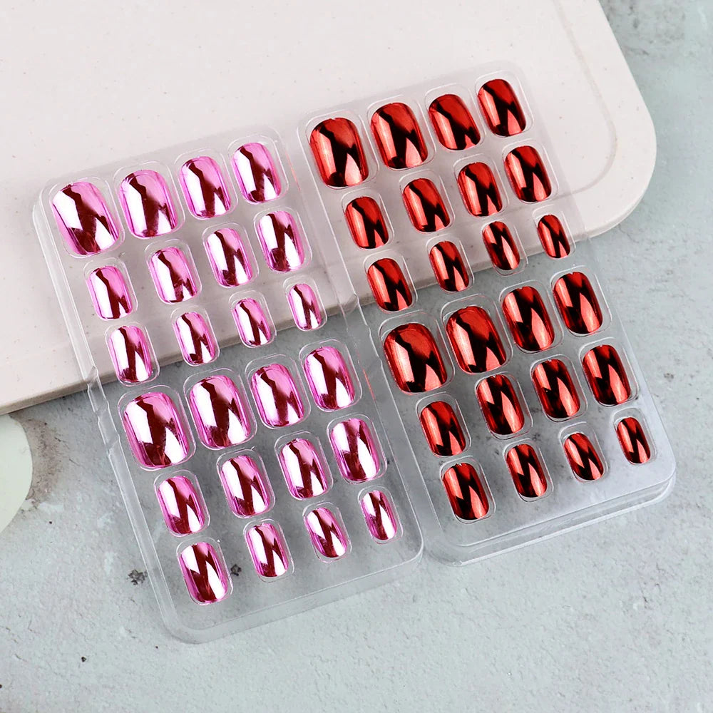 48 Pcs Gold Silver Mirror Chrome Kids Nails Press On Metalic False Nail Art Tips Pre-glue Short Oval Full Cover Fake Nails
