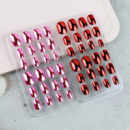 48 Pcs Gold Silver Mirror Chrome Kids Nails Press On Metalic False Nail Art Tips Pre-glue Short Oval Full Cover Fake Nails