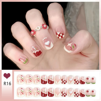 24pcs Bowknots Love Heart Pattern Press On Nails Cute Fresh Short Round French Style False Nails Korean Sweet Wearable Fake Nail