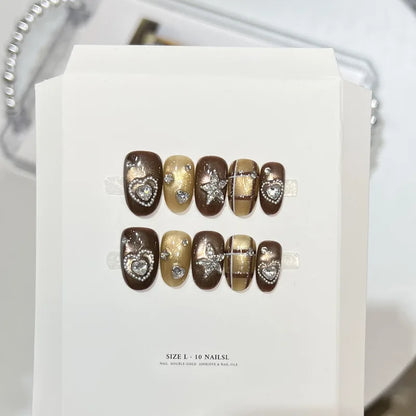 10Pcs Handmade Nail Adorable Short-Length Coffee-Brown Cat-Eye Zirconia Heart-Shaped Press-On Nails Perfect Gift for Women
