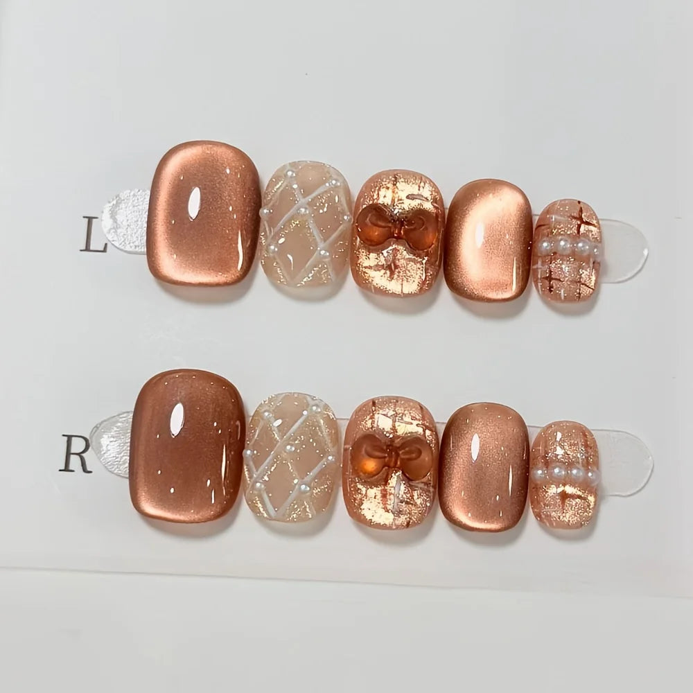 10pcs Handmade Press on Nails Brown Diamond Pattern Bow Full Coverage Nail Tips for Women&Girls Removable Wearable False Nail