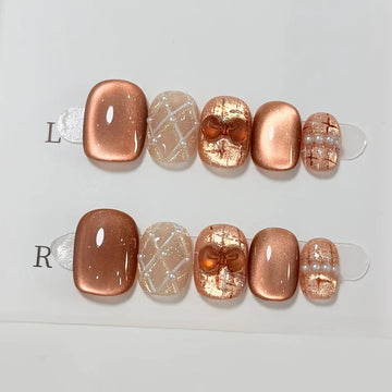 10pcs Handmade Press on Nails Brown Diamond Pattern Bow Full Coverage Nail Tips for Women&Girls Removable Wearable False Nail