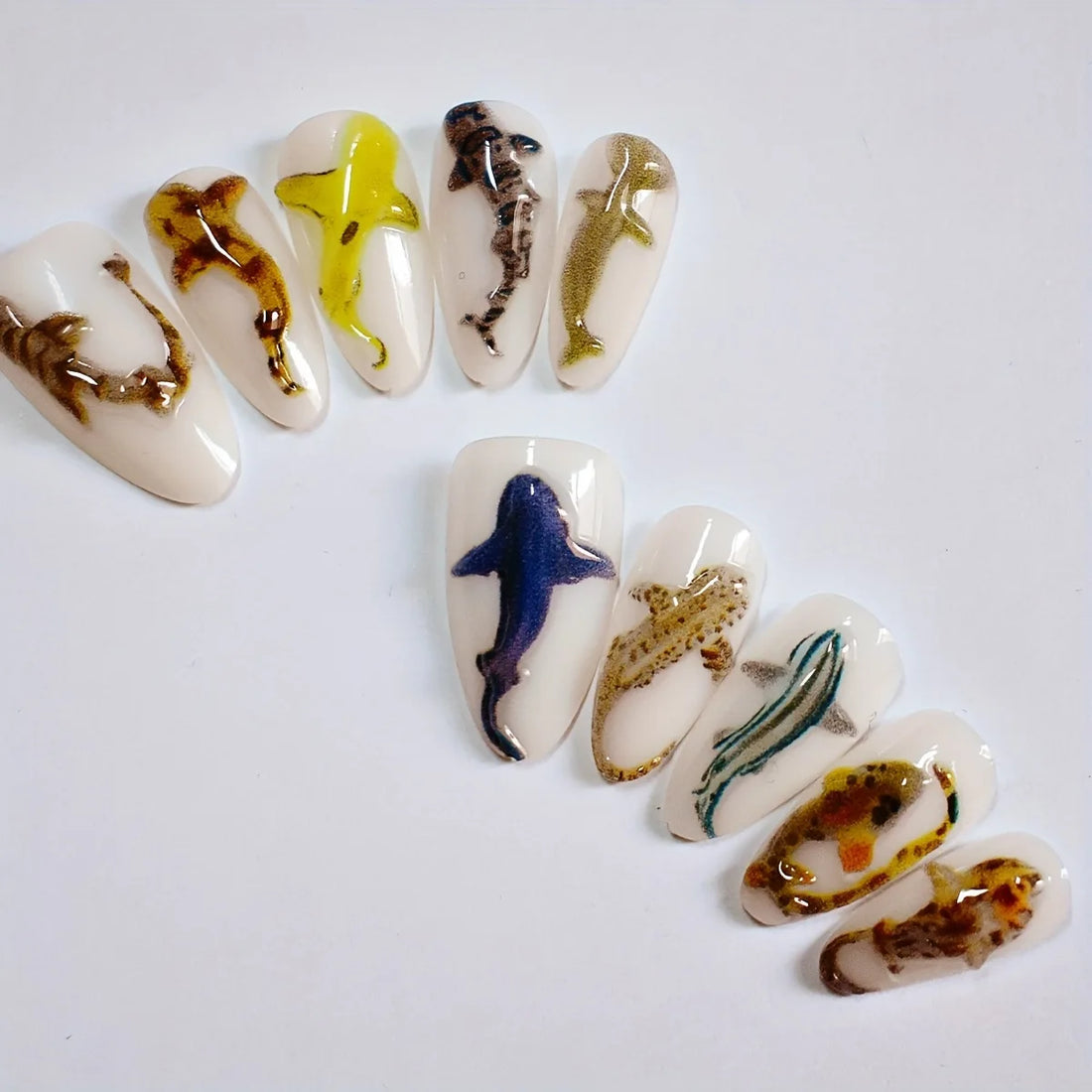 10pcs Handmade Press on Nails Cartoon Shark Pattern Design Fake Nails Wearable Detachable Ins Simple Almond Shaped False Nails