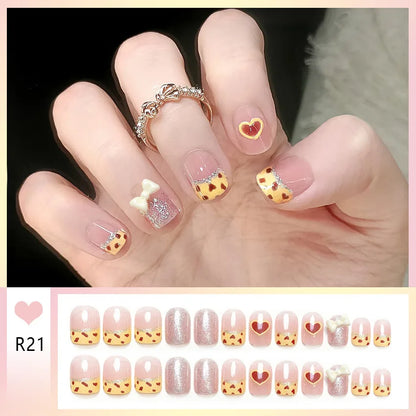 24pcs Bowknots Love Heart Pattern Press On Nails Cute Fresh Short Round French Style False Nails Korean Sweet Wearable Fake Nail
