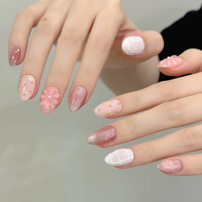 10 PCS Luxury Handmade Press on Nails Short  Almond Ice flower Cat's eye Design with 3-PIECE Tool Adhesive Nail Glue Tabs