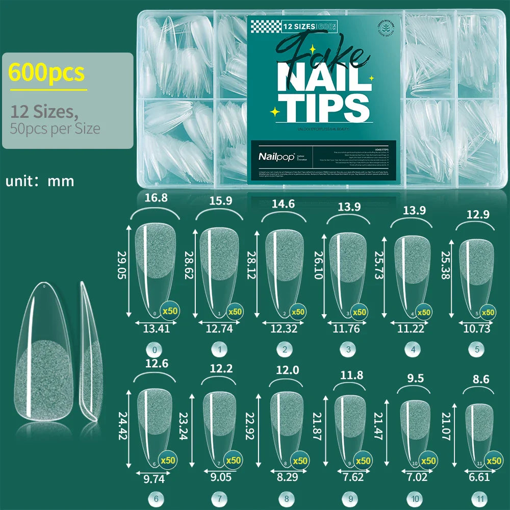 Nailpop 600PCS Soft Gel X Nail Tips Full Cover Coffin Stiletto Fake Nails Extra Short Almond Square Soak Off Gel False Nail Tips