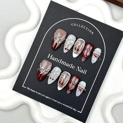 10pcs Handmade Press On Nails Baroque Bowknot Design False Nails Wearable Crystal Red French Almond Shaped Fake Nail Tips